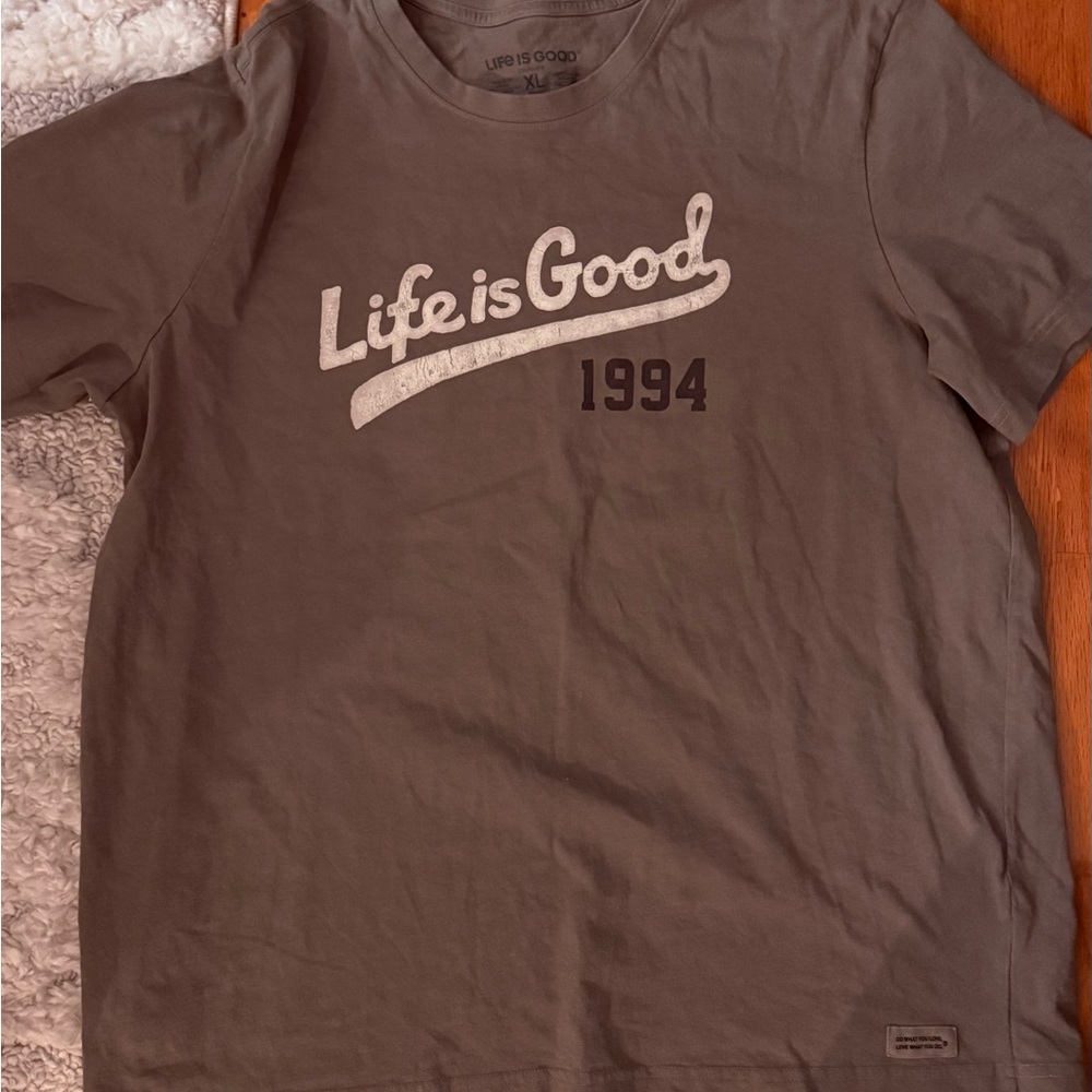 Life Is Good Olive Tee with White Script and Black Accent